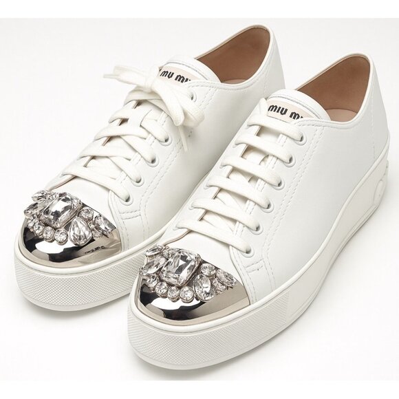 Miu Miu Swarovski Crystal Toe-Cap Nappa Leather Sneakers White Platform 40.5-10 - Picture 6 of 16